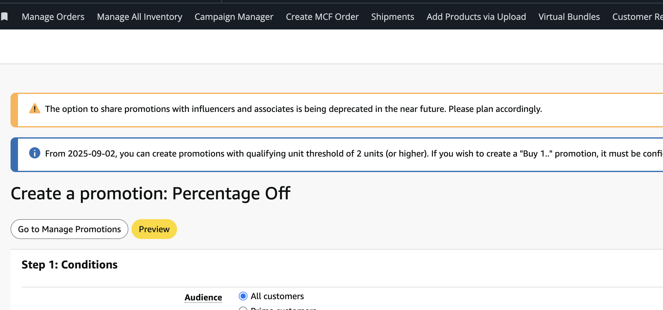 Seller Central warning that sharing promotions with influencers and associates is being deprecated.